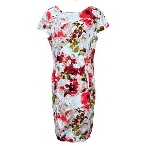 Liz Claiborne Pink Red Floral Watercolor Textured Sheath Dress Size 14